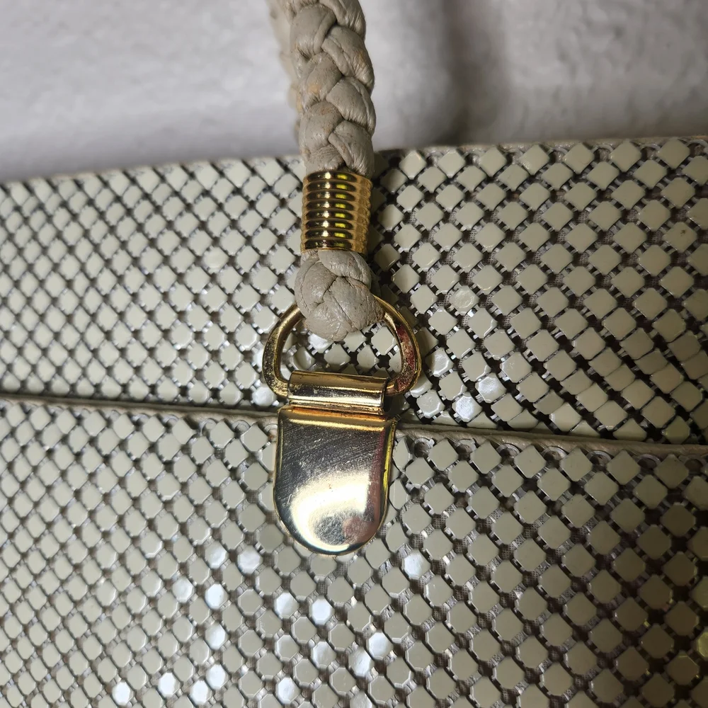 Retro Offwhite Tote Chainmail-like Diamond Shaped Links Cover It Gold Accents